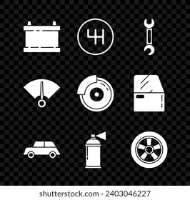 Set Car battery, Gear shifter, Wrench, Paint spray can, wheel, Speedometer and brake disk with caliper icon. Vector
