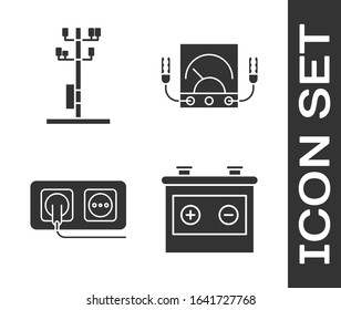 Set Car battery, High voltage power pole line, Electrical outlet and Ampere meter, multimeter, voltmeter icon. Vector