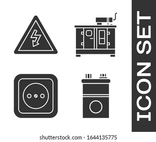 Coloque la batería de Camión, la señal de alta tensión, la toma eléctrica y el icono del generador de energía diesel. Vector