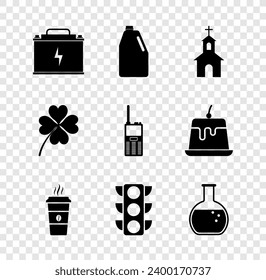 Set Car battery, Household chemicals bottle, Church building, Coffee cup, Traffic light and Test tube and flask icon. Vector
