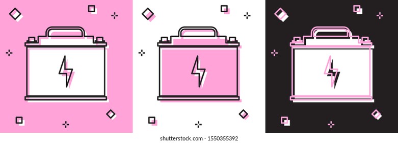 Set Car battery icon isolated on pink and white, black background. Accumulator battery energy power and electricity accumulator battery. Lightning bolt.  Vector Illustration