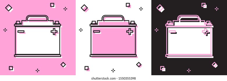 Set Car battery icon isolated on pink and white, black background. Accumulator battery energy power and electricity accumulator battery.  Vector Illustration