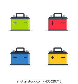 Set Car Battery icons isolated on white background. Accumulator battery energy power and electricity accumulator battery. Battery accumulator icon car auto parts electrical supply power in flat style.