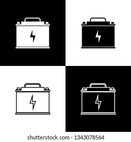 Set Car battery icons on black and white background. Accumulator battery energy power and electricity accumulator battery. Lightning bolt symbol. Line, outline and linear icon. Vector Illustration