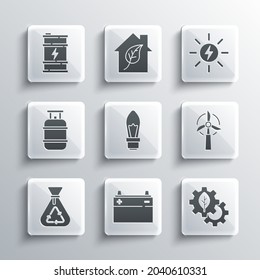 Set Car battery, Leaf plant in gear machine, Wind turbine, Light bulb, Garbage bag with recycle, Propane gas tank, Bio fuel barrel and Solar energy panel icon. Vector