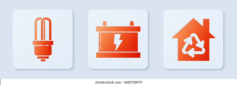 Set Car battery, LED light bulb and Eco House with recycling symbol. White square button. Vector