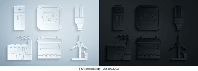 Set Car battery, LED light bulb, Coal power plant and factory, Wind turbine, Electrical outlet the USA and Battery icon. Vector