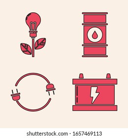 Set Autobatterie, Glühbirne mit Blatt, Ölfass und Elektro-Stecker Icon. Vektorillustration