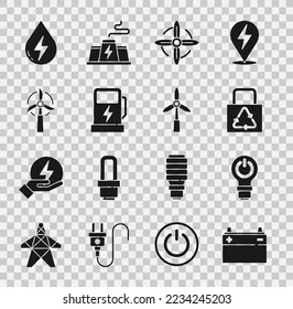 Set Car battery, Light bulb with lightning, Paper bag recycle, Wind turbine, Electric car charging station, Water energy and  icon. Vector