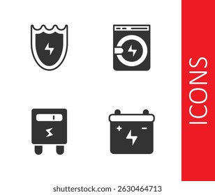 Set Autobatterie, Blitz und Schild, Elektrische Meter und Washer-Symbol. Vektorgrafik
