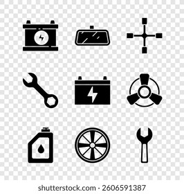 Set Car battery, mirror, Wheel wrench, Canister for motor oil, Alloy wheel, Wrench spanner,  and  icon. Vector