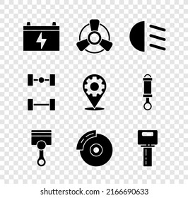 Set Car battery, motor ventilator, High beam, Engine piston, brake disk with caliper, key remote, Chassis car and service icon. Vector