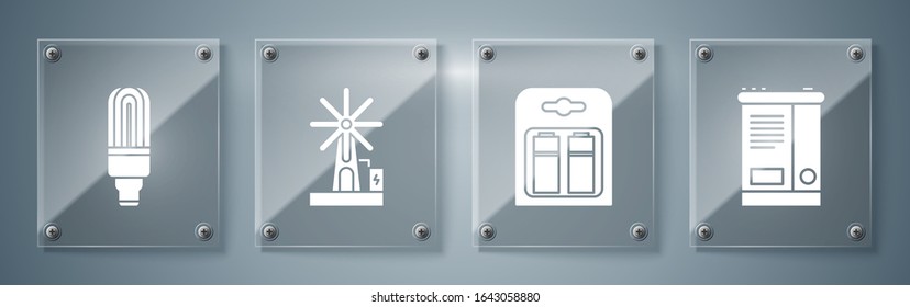 Set Car battery, Battery in pack, Wind turbine and LED light bulb. Square glass panels. Vector