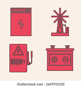 Set Car battery, Power bank, Wind turbine and Electrical panel icon. Vector