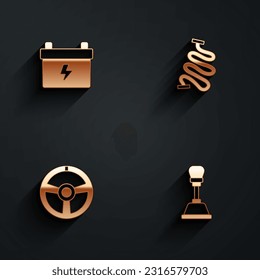 Set Car battery, Racing track, steering wheel and Gear shifter icon with long shadow. Vector