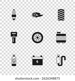 Definir bateria do carro, sistema de resfriamento do radiador, abafador, roda de liga para o carro, pneu, vela de ignição, chama de fogo da roda e chave com ícone remoto. Vetor