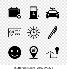 Set Car battery with recycle, Electric car charging station, Eco concept drive, Smile face, Location shopping basket, Light bulb wind turbine, Address book and Solar energy panel icon. Vector