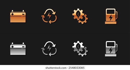 Set Car battery, Battery with recycle, Leaf plant in gear machine and Electric car charging station icon. Vector