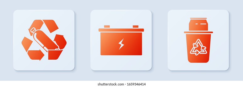 Set Car battery, Recycling plastic bottle and Recycle bin with recycle symbol and can. White square button. Vector