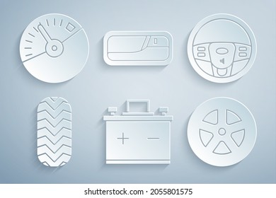 Set Car battery, Steering wheel, tire, door handle and Speedometer icon. Vector