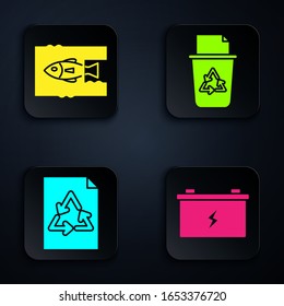 Set Car battery, Stop ocean plastic pollution, Paper with recycle and Recycle bin with recycle symbol. Black square button. Vector