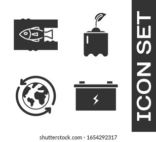 Set Car battery, Stop ocean plastic pollution, Planet earth and a recycling and Sprout in bottle icon. Vector