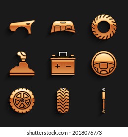 Set Car battery, tire, Shock absorber, Steering wheel, Gear shifter,  and fender icon. Vector