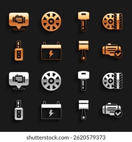 Set Car battery, tire wheel, Check engine, Engine piston, key with remote,  and Alloy for car icon. Vector