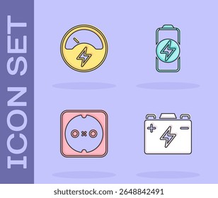 Set Car battery, Voltmeter, Electrical outlet and Battery charge icon. Vector