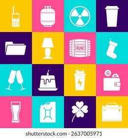 Set Car battery, Wallet with coin, Christmas sock, Radioactive, Table lamp and Folder icon. Vector