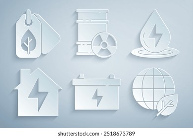 Definir bateria de carro, Energia da água, Casa e relâmpago, Folha do globo terrestre, Barril de resíduos radioativos e Tag com ícone. Vetor