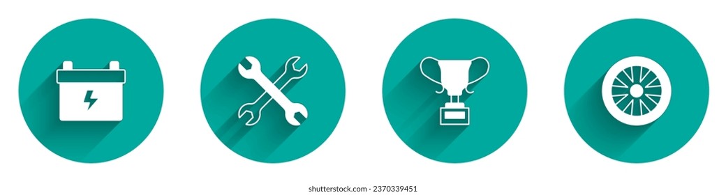 Ajuste la batería del coche, la llave inglesa, la copa de premio y la rueda de aleación para el icono del coche con sombra larga. Vector