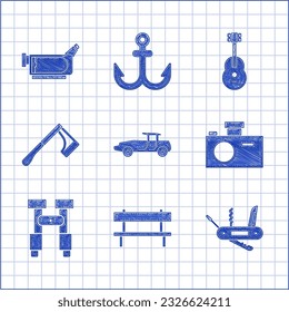 Set Car, Bench, Swiss army knife, Photo camera, Binoculars, Wooden axe, Guitar and Cinema icon. Vector