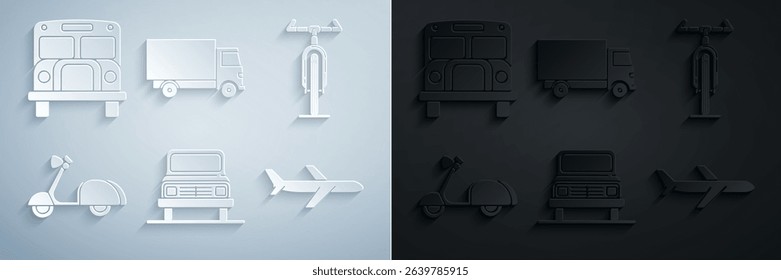 Set Car, Bicycle, Scooter, Plane, Delivery cargo truck vehicle and School Bus icon. Vector