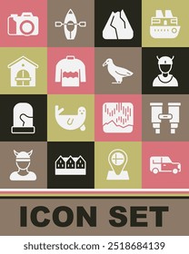 Set Car, Binoculars, Viking head, Mountains, Sweater, Farm house, Photo camera and Albatross icon. Vector