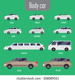 set of car bodies. Includes convertible, sedan, minivan, station wagon, and others. performed flat. Background green.