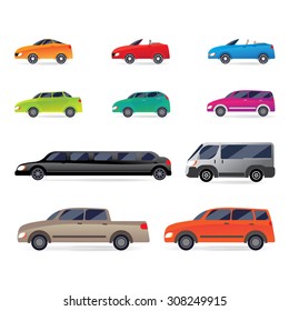 set of car bodies. Includes convertible, sedan, minivan, station wagon, and others. Car body painted in bright colors. There is a small gradient.