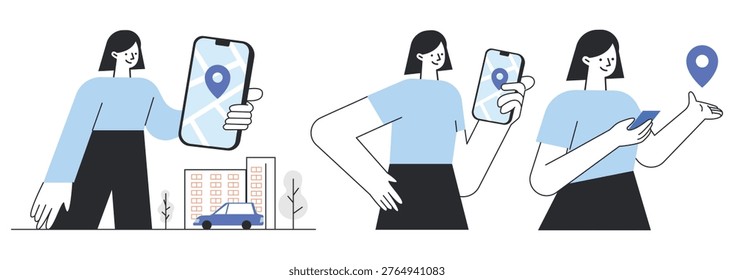 Set of car booking and mobile navigation vector illustrations with woman holding smartphone, location pin, city map, ride hailing, and online transport app.
