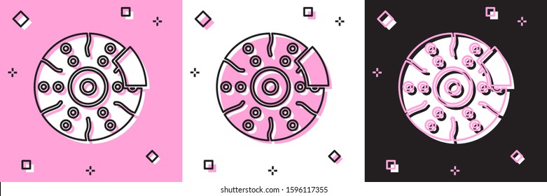 Set Car brake disk with caliper icon isolated on pink and white, black background.  Vector Illustration