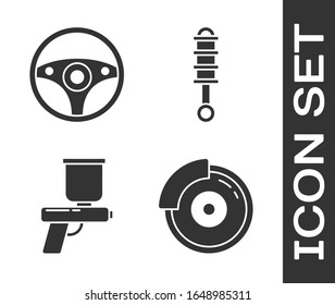 Coloque el disco de freno de Camión con la pinza de freno, el volante de la dirección, la pistola de pintura y el icono del amortiguador. Vector