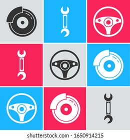 Coloque el disco de freno de Camión con la pinza de freno, la llave y el icono del volante de la dirección. Vector