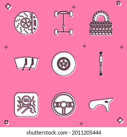 Set Car brake disk with caliper, Chassis car, tire, Windscreen wiper, Shock absorber, Gear shifter and Steering wheel icon. Vector