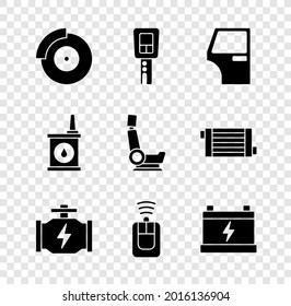 Set Car brake disk with caliper, key remote, door, Check engine, battery, Canister for motor oil and seat icon. Vector