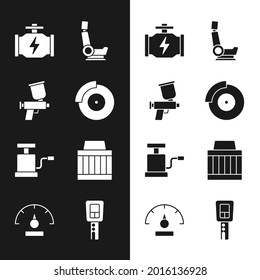 Set Car brake disk with caliper, Paint spray gun, Check engine, seat, air pump, filter, key remote and Speedometer icon. Vector