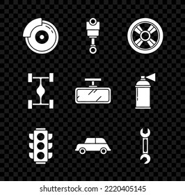 Set Car brake disk with caliper, Engine piston, wheel, Traffic light, Wrench, Chassis car and mirror icon. Vector