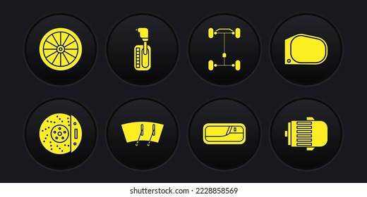 Set Car brake disk with caliper, mirror, Windscreen wiper, door handle, Chassis car, Gear shifter, Electric engine and wheel icon. Vector