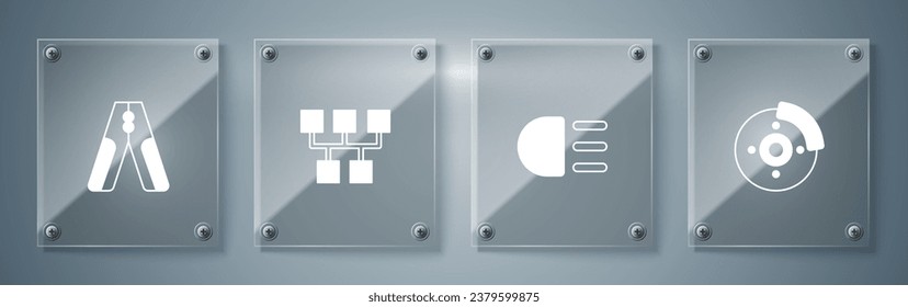 Ajuste el disco de freno de coche con la pinza de freno, la luz de carretera, el selector de velocidades y el cable de alimentación del puente de la batería. Paneles de vidrio cuadrado. Vector