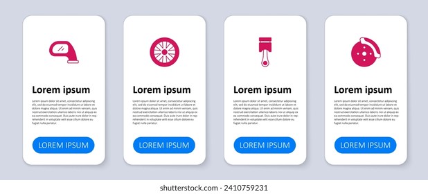 Set Car brake disk with caliper, Engine piston, Alloy wheel for car and mirror. Business infographic template. Vector