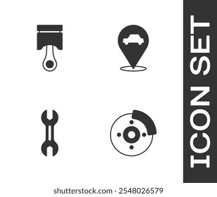 Set Car brake disk with caliper, Engine piston, Wrench spanner and Location car service icon. Vector