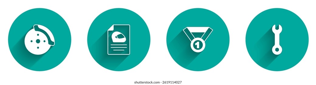Set Car brake disk with caliper, Racing helmet, Medal and Wrench spanner icon with long shadow. Vector